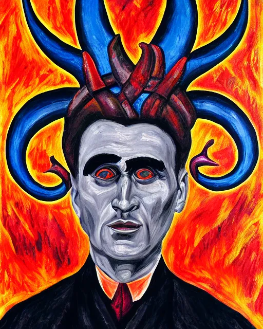 Image similar to expressionist painting of demonic aloysius stepinac with demonic eyes and horns, vivid colors, high production value, intricate details, high resolution, hyperrealistic, hdr, high definition, masterpiece, ultra realistic, highly detailed, hd, sharp focus, non blurry, sharp, smooth