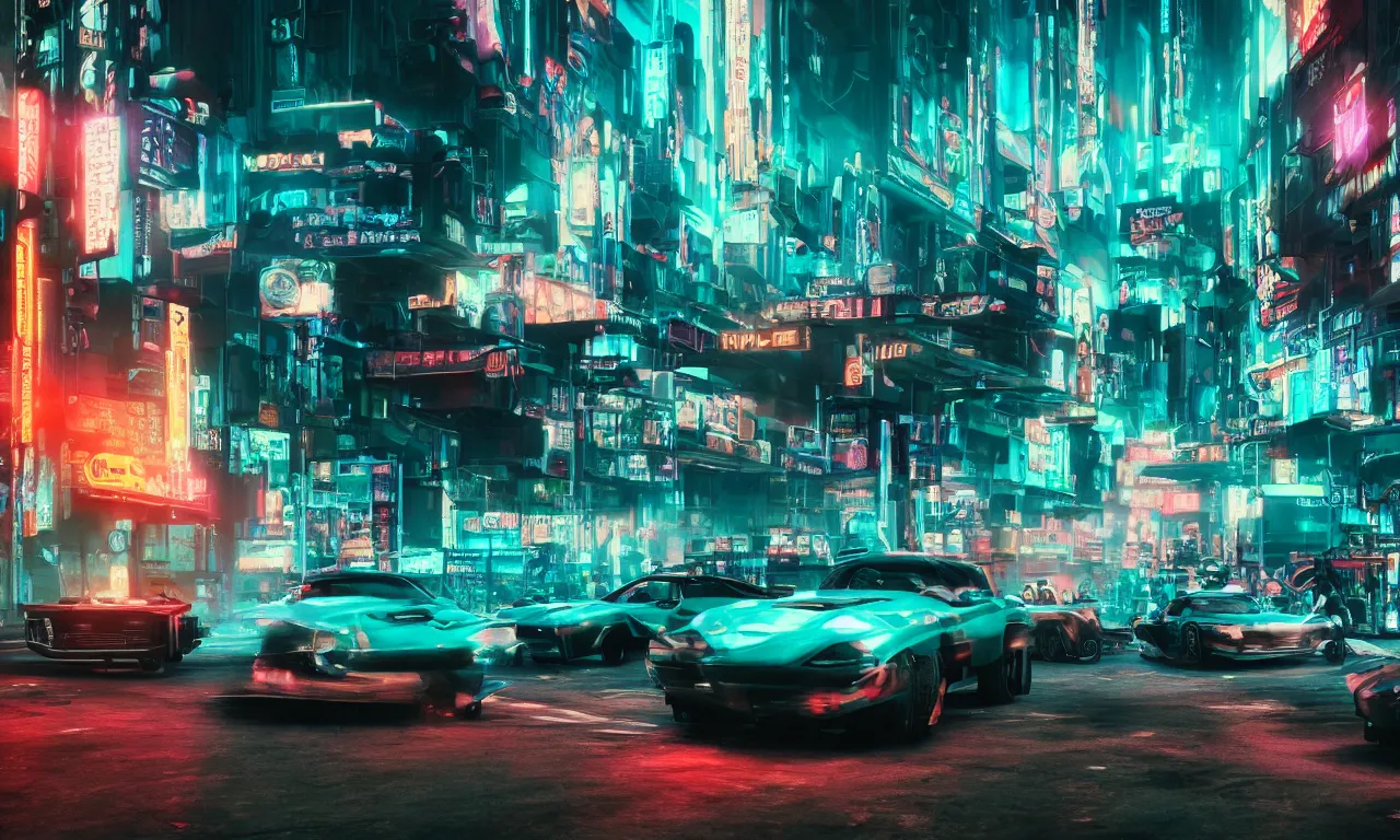 Prompt: insanely moody cinematic render of a drag race on the street of a cyberpunk city, on the style of the movie fast and furious, sharp focus, speed, teal and orange colors, vaporwave, photorealism, cinema still, photography, octane 3 d, vray render, insane details, 8 k high definition, artstation