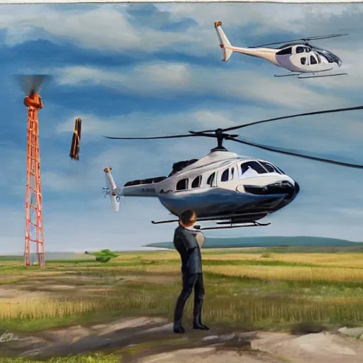 Prompt: painting of blonde swedish guy and tall korean guy in front or robinson r 4 4 helicopter