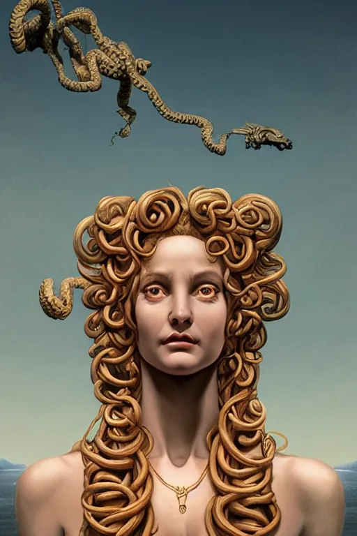 Image similar to harryhausen´s medusa fused with goddess venus, photo, portrait, 3d, renaissance, high details, intricate details, by vincent di fate, artgerm julie bell beeple, 90s, Smooth gradients, octane render, 8k, High contrast, duo tone, depth of field, very coherent symmetrical artwork