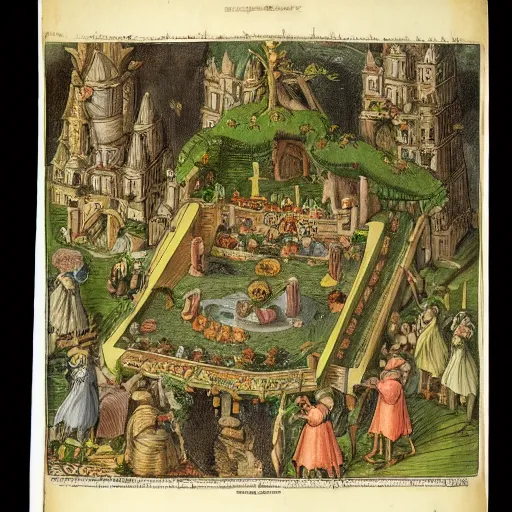 Image similar to a overhead view of a man in castle in the jungle getting praised and fanned by angels with fruits, detailed, golden furniture, nuremberg chronicle, adventure time,