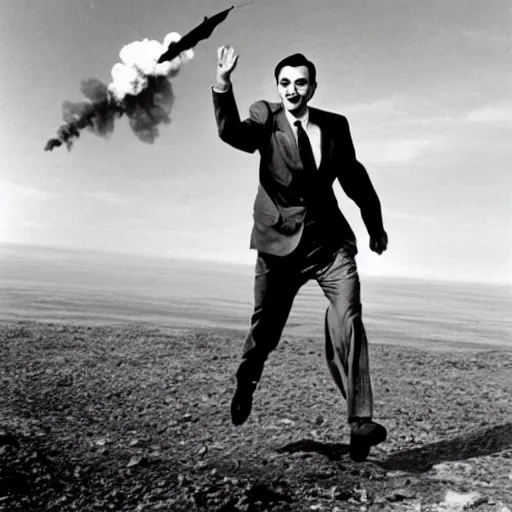 Prompt: Archival photo of Mr Bean launching the atomic bomb