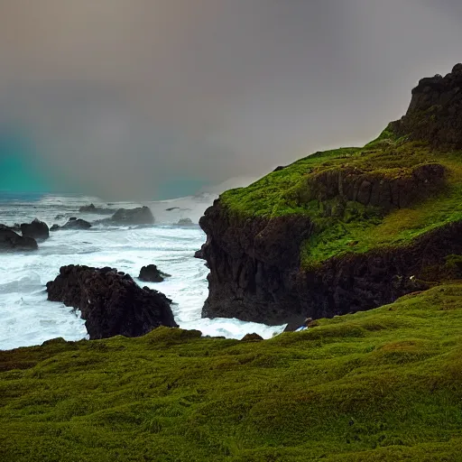 Image similar to 1 9 7 0's artistic spaghetti western movie in color, a woman in a giant billowy wide flowing waving dress made out of sea foam, standing inside a green mossy irish rocky scenic landscape, crashing waves and sea foam, volumetric lighting, backlit, moody, atmospheric