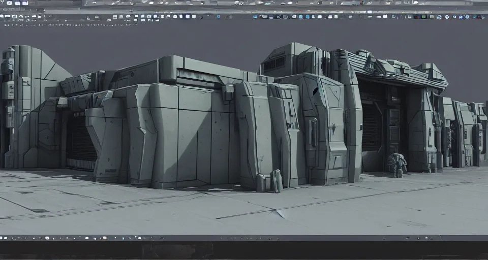 Prompt: 3 d sculpt of scifi rectangular cnc milling machine industrial building facade, maschinen krieger, halo, star wars, ilm, star citizen halo, gears of war, mass effect, high tech industrial, artstation unreal