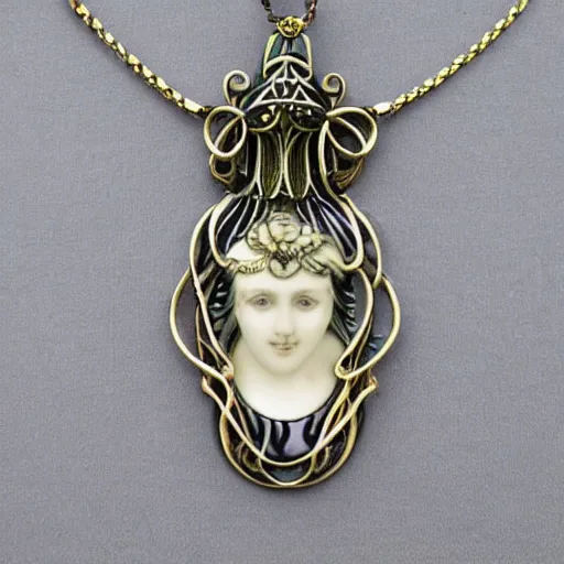 Image similar to an artnouveau necklace in the shape of a goddess painted by H.R.Giger as an artnouveau necklace made by René lalique