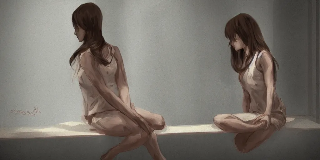 Prompt: the girl on a windowsill. symmetry. accurate anatomy. elegant. concept art. full - body portrait