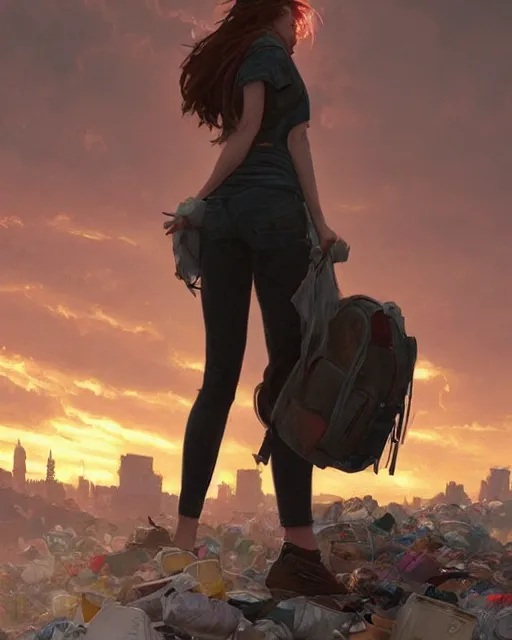 Prompt: poor detailed girl with backpack standing at cars looking for food at garbage dump, destroyed cars, city is pure wasteland, moody sunset in background, greg rutkowski, alphonse mucha, trending on artstation, artgerm, unreal engine, breathtaking, award winning, highly detailed