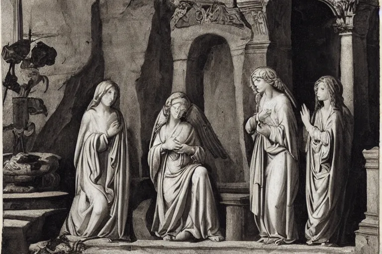 Prompt: the three marys at the sepulchre. 2 angels. giovanni battista gaulli