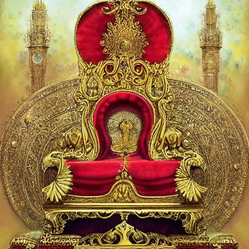 Image similar to The most epic beautiful detailed golden throne to give us hope that life is worth living in a red accented royal hall does exist in the style of esao andrews, benoit mandelbrot