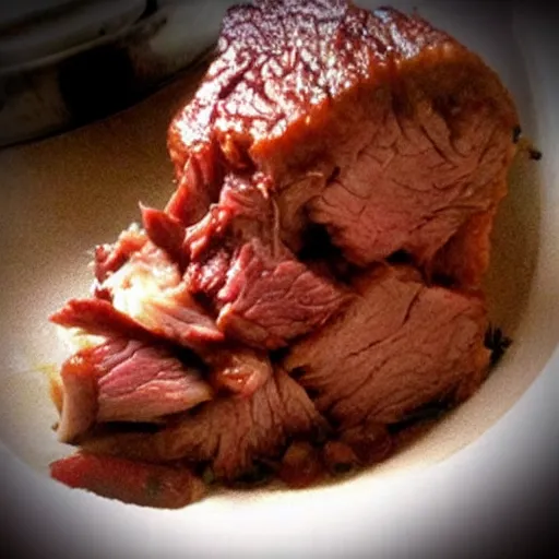 Image similar to chuck roast norris, food photo of chuck norris face on chuck roast