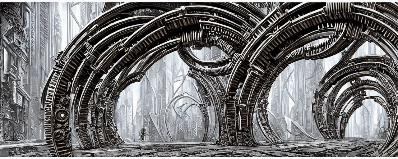 Image similar to a double helix dna cyberpunk steampunk stone carved archway, art deco high details, lineart, by vincent di fate and joe fenton, inking, screen print, masterpiece, trending on artstation, sharp, high contrast, hyper - detailed, ultrawide, hd, 4 k, 8 k