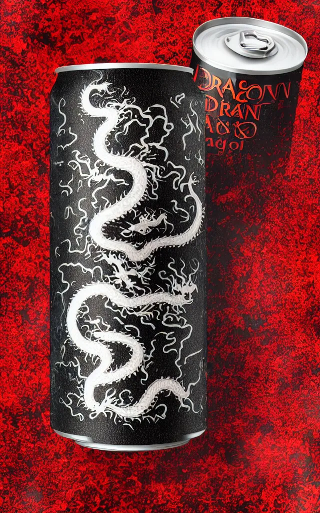 Prompt: a single aluminium can of a dragon-flavored energy drink, in the style of medieval manuscripts, professional studio photography, black sand and red lava background, packshot