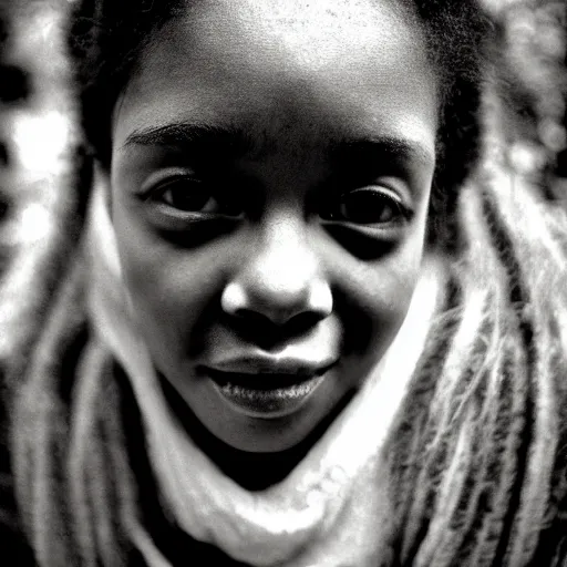 Image similar to portrait, extreme close up, sepia, teenager light - skin girl, afro hair, stares at the camera, night sky, stars, bruce gilden, leica s, fuji 8 0 0, grainy, low light