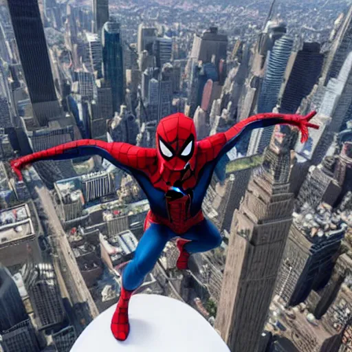 Image similar to marvel spider - man from back standing on top of the empire state building