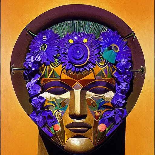 Image similar to head of a beautiful boy wearing a mask made of metal flowers, by diego rivera and john watkiss, art deco shaman, stylized geometric flowers, art brut, symbolist, dramatic lighting, god rays, iridescent beetles, clean crisp graphics, smooth sharp focus, extremely detailed