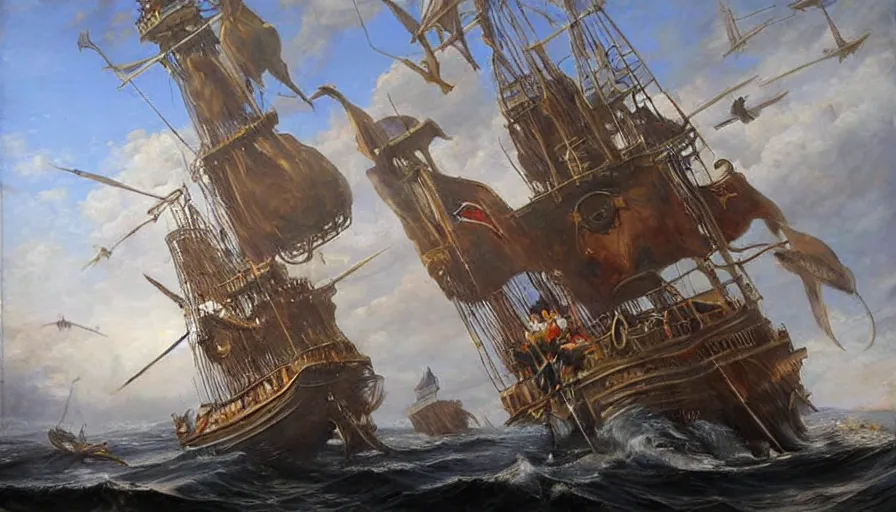 Prompt: a large flying pirate airship, flying, realist painting, pirate, beautiful, highly detailed