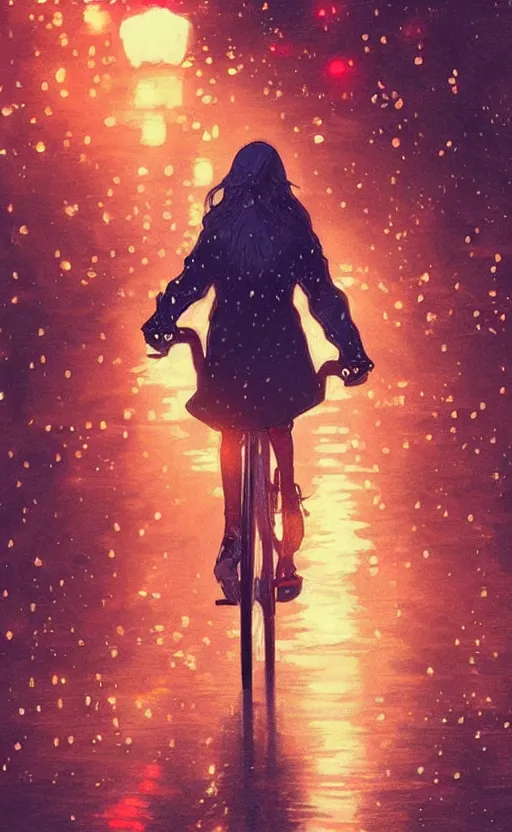 Image similar to a beautiful illustration of a woman riding a bicycle in a rainy night, fiery particles!!!, anime aesthetic, midnight theme, depth of field, bokeh, composition study, featured on artstation, by art by artgerm and greg rutkowski and alphonse mucha, vertical orientation