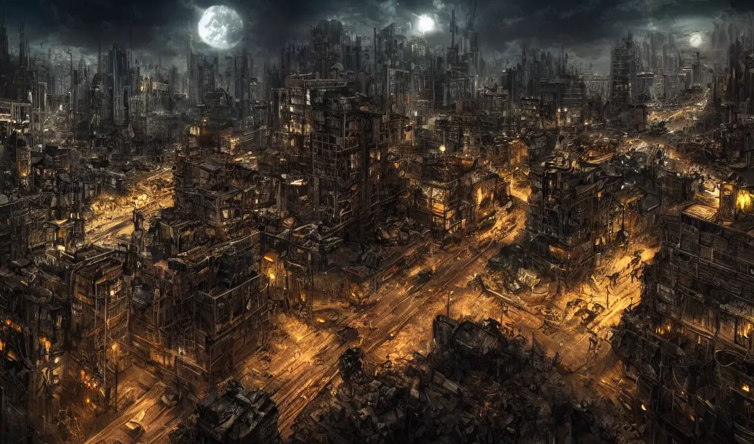 Image similar to A post-apocalyptic cityscape at night, cinematic lighting, superb resolution