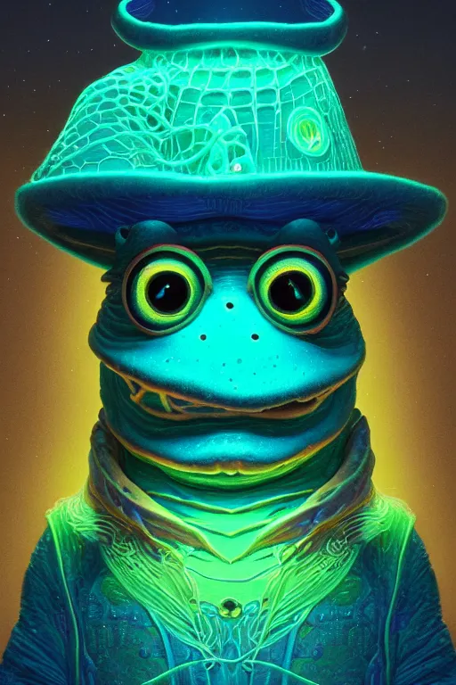 Image similar to Bioluminescent, portrait of frog wearing wizard hat, very intricate , trending on artstation , very elegant, in the golden hour by Dan Mumford and Moebius and Daniel Merriam, Trending on Artstation, oil on Canvas by Elena Zhurikhina and Goro Fujita and Charlie Bowater, octane render, 4k, 8k, HD