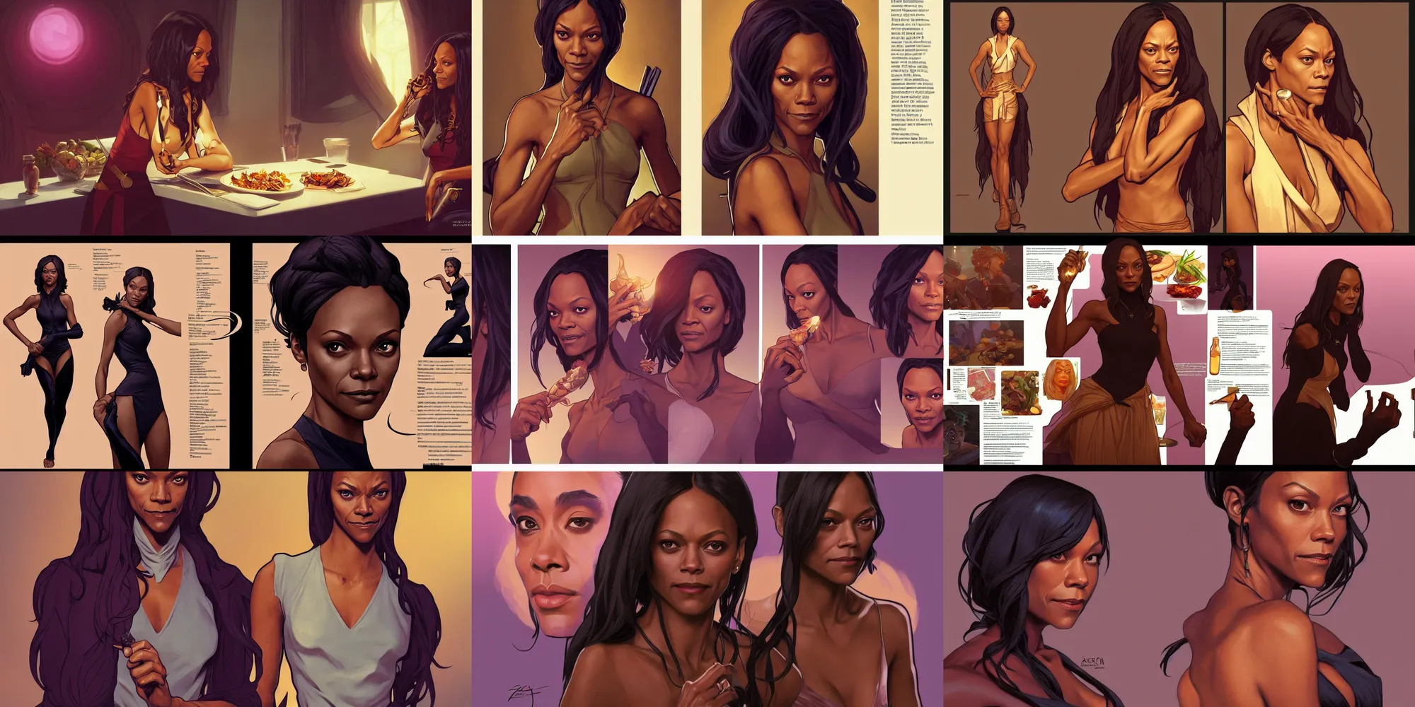 Prompt: zoe saldana eating dinner, character sheet, character design, contrast, deep focus, turnaround, highly detailed, dramatic lighting, digital painting, artstation, concept art, matte, sharp focus, illustration, elegant, art by artgerm and greg f and alphonse mucha.