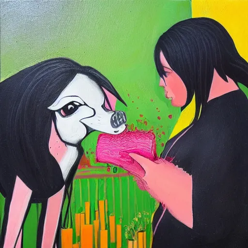 Image similar to “tall queer woman with long pink hair and a tall emo girl feeding Australian $50 notes to a weedy pig, capitalism, acrylic and spray paint and oilstick on canvas, neoexpressionism”