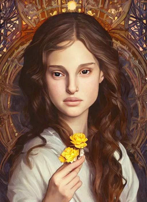 Image similar to well - lit art nouveau face portrait of a 1 3 - year old girl wih resembles natalie portman and emily browning holding a flower, natural lighting, path traced, highly detailed, high quality, cartoon, digital painting, by don bluth and ross tran and studio ghibli