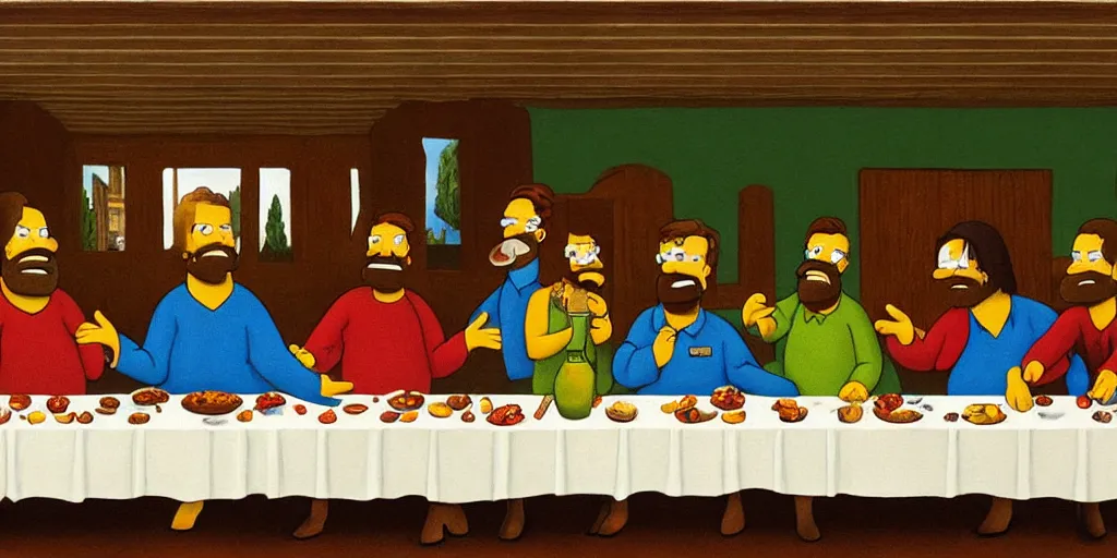 Image similar to last supper styled as simpsons, art, trending in artsation, winning award painting, oleo style,