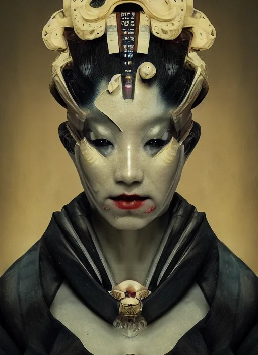 Prompt: portrait of a futuristic geisha demon cyborg, kintsugi, modern fine art, fractal, intricate, elegant, highly detailed, digital photography, subsurface scattering, by jheronimus bosch and greg rutkowski,