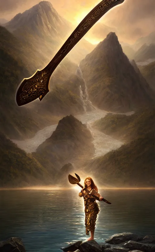 Image similar to lake godness holding gold axe and sliver axe, highly detailed, d & d, water everwhere fantasy, highly detailed, digital painting, trending on artstation, concept art, sharp focus, global illumination, ray tracing, illustration, art by artgerm and greg rutkowski and fuji choko and viktoria gavrilenko and hoang lap