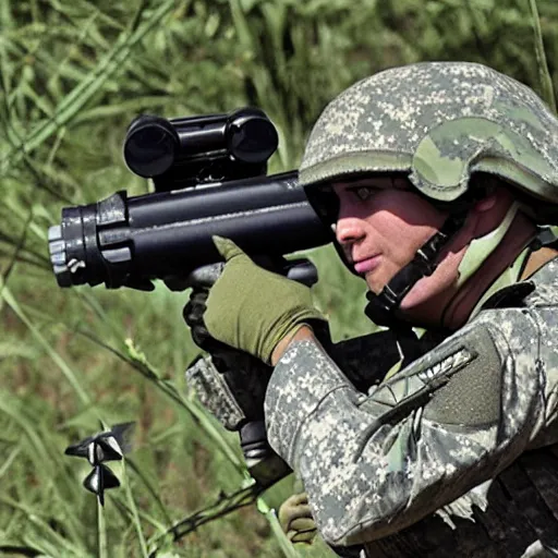 Image similar to a rare military frog equipped with rocket launcher and night vision target acquisition system, photo from janes defence weekly