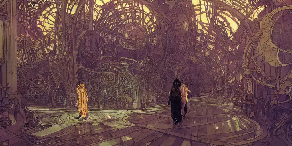 Image similar to steampunk starship hallway, kid and mad scientist walking, giant video screens, sci - fi, big interior plants, retrofuturism, concept art by mucha and moebius and victo ngai, architecture by francois schuiten, clean line, diesel punk, artstation