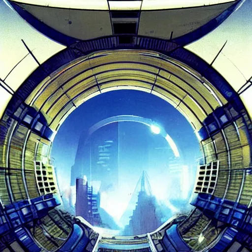 Image similar to overgrown futuristic cityscape located under a bridgeway, world seen only through a portal, daylight, cinematic perspective, cinematic lighting, blue sky, syd mead, john harris, symmetrical