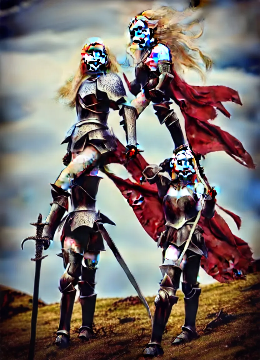 Image similar to dove cameron in a knight armor, full plate, fantasy art, photography, red lipstick, blood stains, hair in the wind, shiny armor, victorious on a hill, battle field, full body, sword pointed at sky