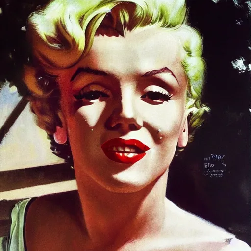 Prompt: Marilyn Monroe on a bench at the park, head and shoulders portrait, extremely detailed masterpiece, Roger Deakin’s cinematography, oil on canvas, Norman Rockwell.