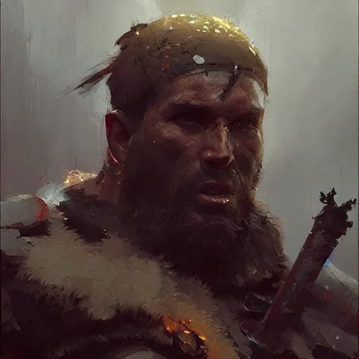 Image similar to Portrait painting of a barbarian warrior by greg rutkowski and Craig Mullins, Dark atmospheric and cinematic lighting