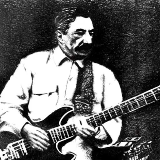 Prompt: a picture of Joseph Stalin playing heavy metal on stage