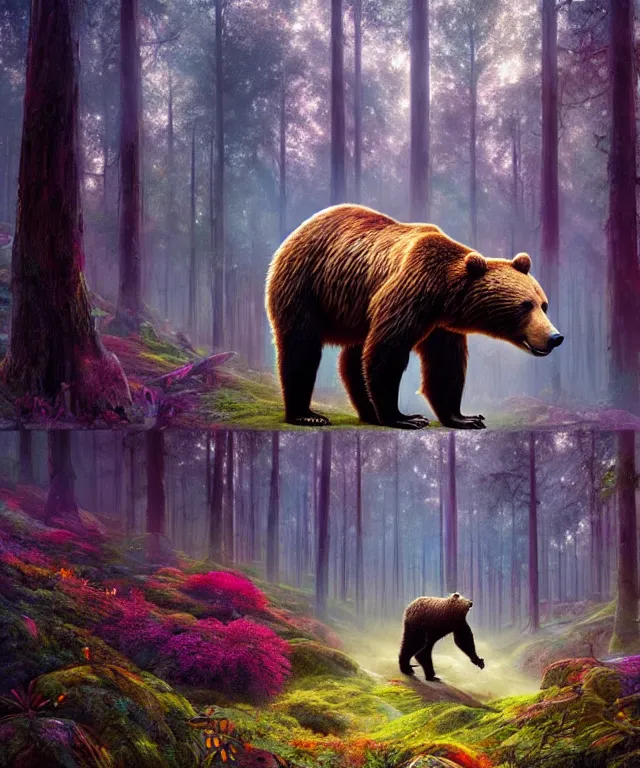 Image similar to a realistic brown bear, walking through a psychedelic forest, wide angle landscape shot, pixar style by tristan eaton, artgerm and tom bagshaw