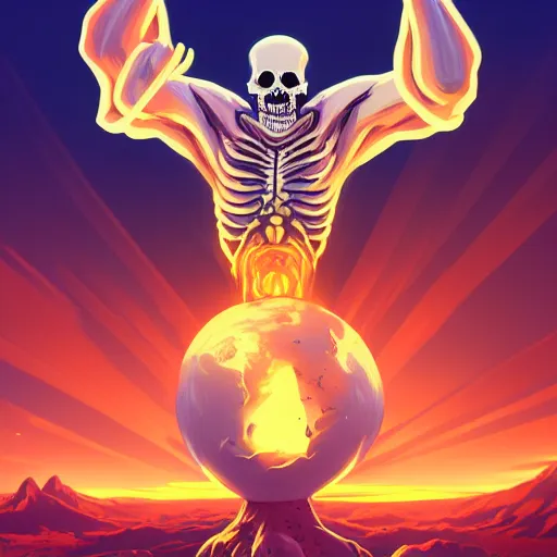 Image similar to Jesus Christ as skeleton inside an epicenter of a thermonuclear blast standing on the Earth sphere with radioactive rays to the sides, Video game icon design , 2d game fanart behance hd by Jesper Ejsing, by RHADS, Makoto Shinkai and Lois van baarle, ilya kuvshinov, rossdraws global illumination