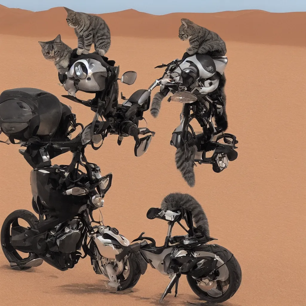 Prompt: an image of a cat riding a motercycle through the desert