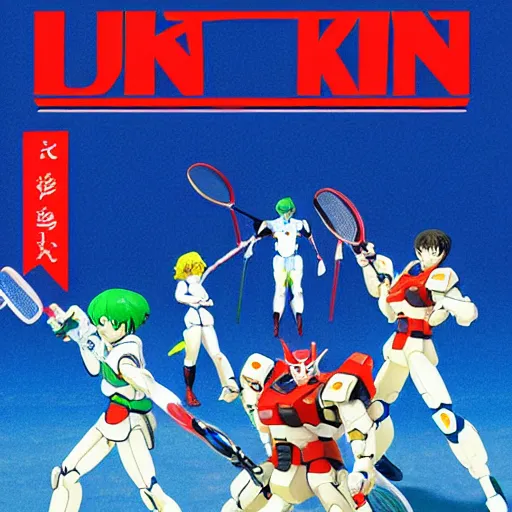 Image similar to illustration of gundam action figures playing badminton by ilya kuvshinov katsuhiro otomo