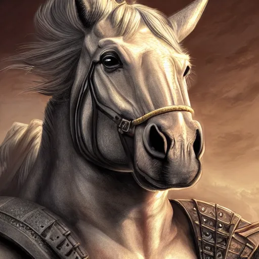 Prompt: a herculean anthropomorphized horse with a magnificently muscular physique wearing a tight leather armor while protecting a facility, long white mane, equine, anthro art, furaffinity, highly detailed, digital painting, artstation, sharp focus, concept art, illustration, art by artgerm, greg rutkowski, wlop