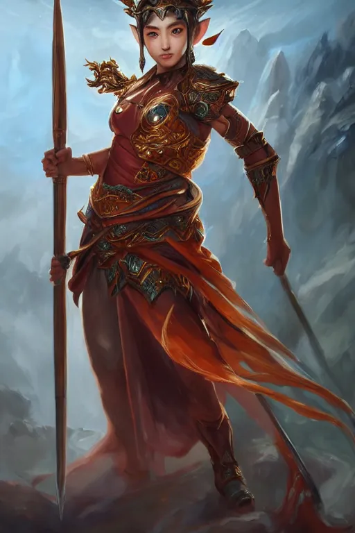 Image similar to a masterpiece portrait of nezha, young elf prince holding spear, flame everywhere, epic pose, fantasy character portrait, closeup shot, hyper detailed, digital painting, 8 k realistic, trending on artstation, sharp focus, dof, by fenghua zhong, artgerm, ne zha from smite, jeff easley, raymond swanland