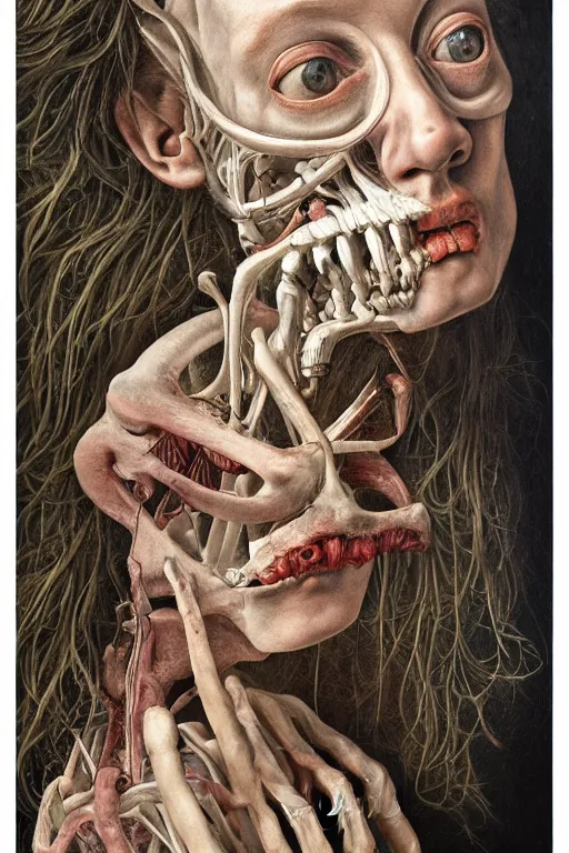 Image similar to Detailed maximalist portrait of a greek god with large lips and eyes, scared expression, botanical anatomy, skeletal with extra flesh, HD mixed media, 3D collage, highly detailed and intricate, surreal illustration in the style of Jenny Saville, dark art, baroque, centred in image