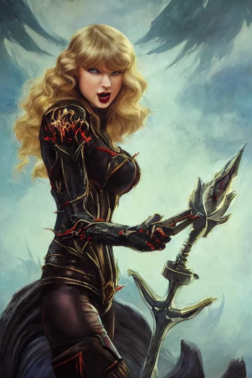 Prompt: Movie Poster of Taylor Swift as Queen of Pain from Dota2, accentuated hips, High Level of Detail, arte Lowbrow style, sexy :8, Highly Detailed, Dramatic, A master piece of storytelling, by frank frazetta, ilya repin, 8k, hd, high resolution print