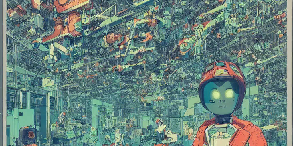 Image similar to gigantic robotic drones with lasers with human faces catch tiny robots, a lot of exotic plants around, human heads everywhere, risograph by satoshi kon and moebius, no text!, colorful flat surreal design, super - detailed, a lot of tiny details, fullshot