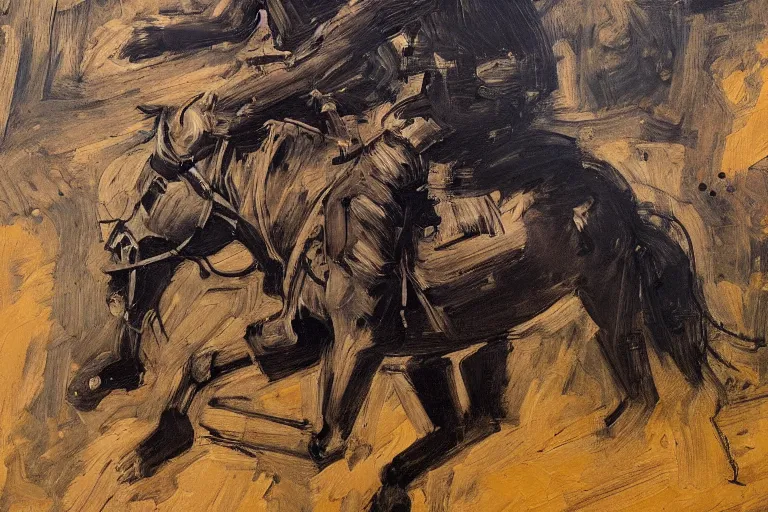 Prompt: an extremely detailed full body masterpiece painting of a cowboy gunslinger from a low angle sitting on his horse, in the style of frank auerbach, epic scene, tensive mood and action, muted colors