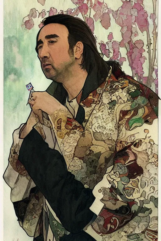 Prompt: watercolor illustration of nicolas cage playing poker in korea, by alphonse mucha, highly detailed, digital illustration, trending in artstation, modern painting, smooth, sharp focus, intricate