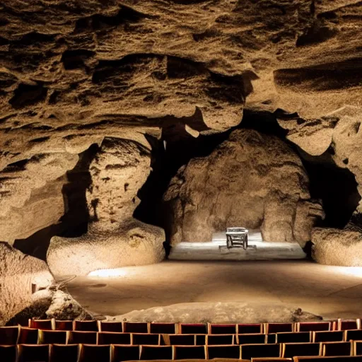Prompt: a cave with an amphi theatre inside, stone seats, center stage with tiki torches light