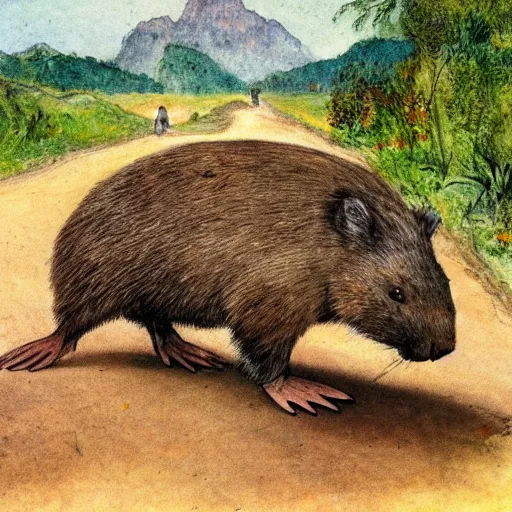 Prompt: A wombat riding a bicycle on a dirt path with german mountains as a background, In The Style of Carl Larsson