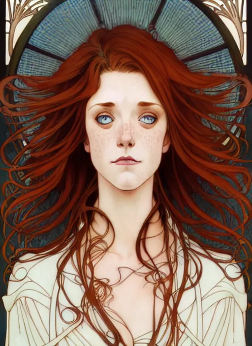 Image similar to art nouveau portrait of a woman with completely straight auburn hair, light blue eyes, pale skin, freckles, sad expression, t - shirt, modern casual clothing, natural lighting, path traced, highly detailed, high quality, cartoon, digital painting, by don bluth and ross tran and studio ghibli and alphonse mucha